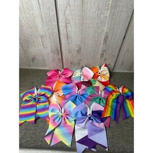 Set Of 10 Colorful Cheer Ponytail Bows w/ Elastic Bands Pink Blue Orange Rainbow